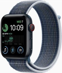 Apple Watch SE 2nd Gen (2022) (Cellular + GPS) - 32GB - 44mm - Midnight Aluminum Case with Storm Blue Textile Braided Sport Loop Band - Small/Medium Size