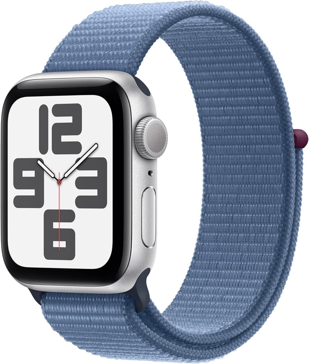 Apple Watch SE 2nd Gen (2022) (GPS) - 32GB - 44mm - Silver Aluminum Case with Winter Blue Textile Sport Loop Band - One Size