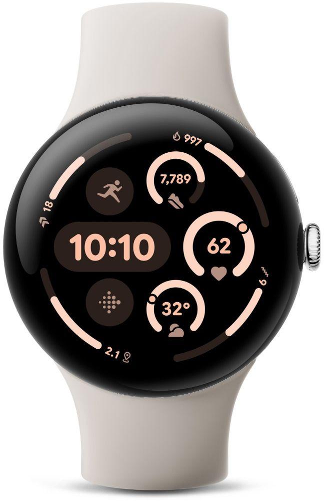 Google  Pixel Watch 3 - 32GB - Polished Silver-100% Recycled Aluminum-Active Band-Porcelain - Bluetooth - 45mm - Polished Silver - 100% Recycled Aluminum - Porcelain - Active Band - Fluoroelastomer - Excellent
