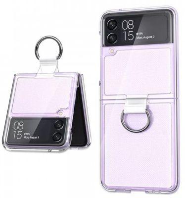 Transparent Hard Cover Phone Case with Ring Hook for Galaxy Z Flip4 5G